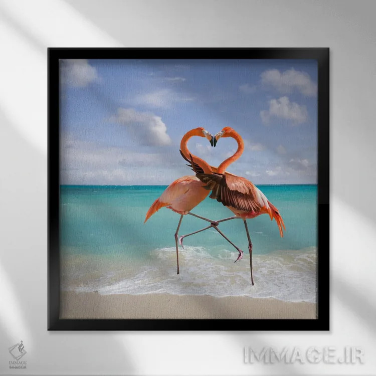 تابلو دکوراتیو عشق فلامینگوها اثر لوند روزر - نمای قابدار مشکی