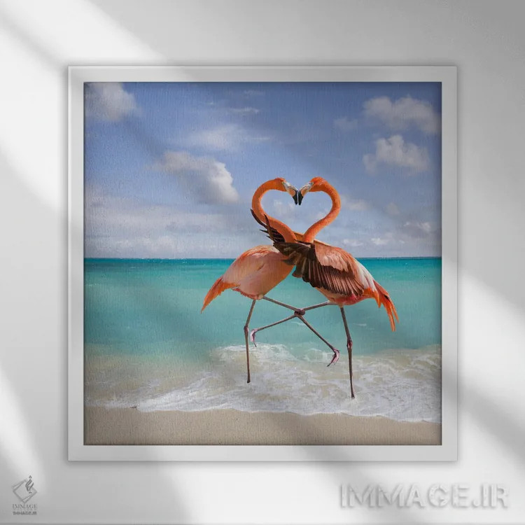 تابلو دکوراتیو عشق فلامینگوها اثر لوند روزر - نمای قابدار سفید