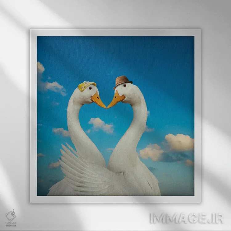 تابلو دکوراتیو غاز و همسرش اثر لوند روزر - نمای قابدار سفید