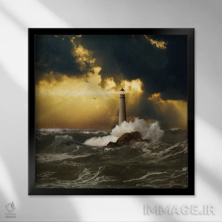 تابلو دکوراتیو فانوس دریایی در طوفان آرام شونده اثر لوند روزر - نمای قابدار مشکی
