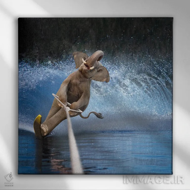 تابلو دکوراتیو فیل اسکی روی آب اثر لوند روزر - نمای روبهرو روی دیوار