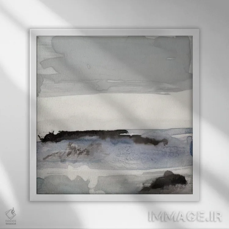 تابلو مینیمال منظره دریایی ارگانیک آبی شماره ۴ اثر لیلا براما - نمای قابدار سفید