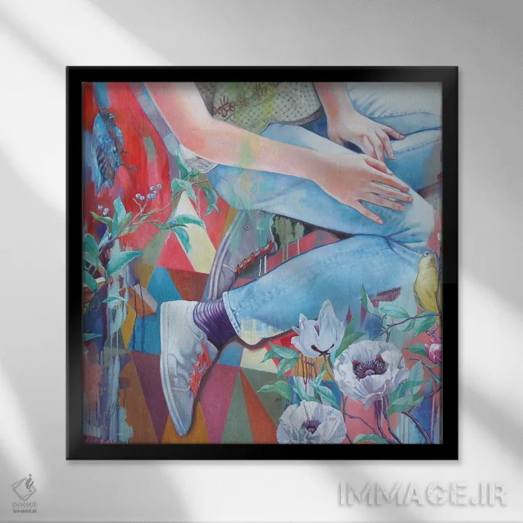 تابلو دکوراتیو مرغ آبی و شقایق های سفید اثر لیوبا برکنر - نمای قابدار مشکی