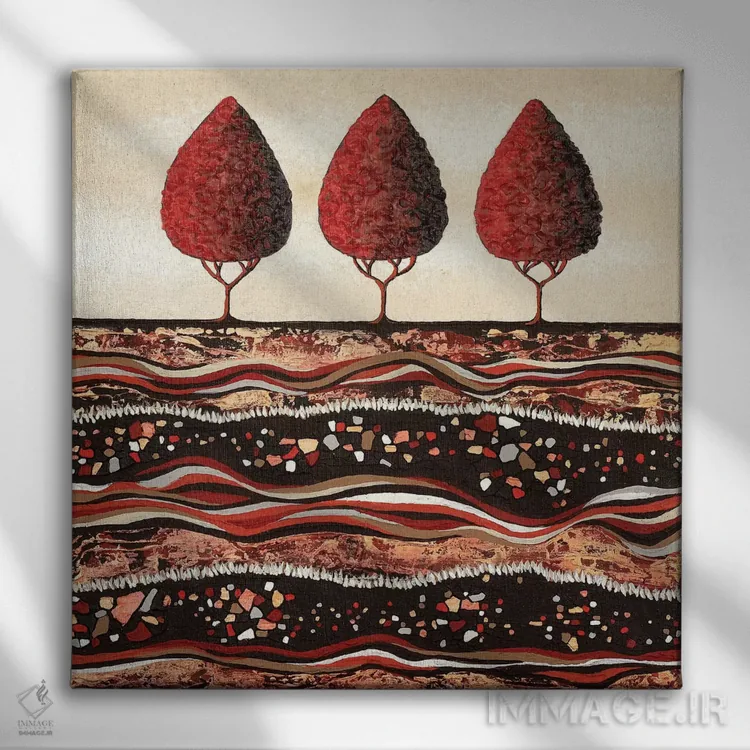 تابلو مدرن درختان قرمز اثر لیزا فرانسیس جاد - نمای روبهرو روی دیوار