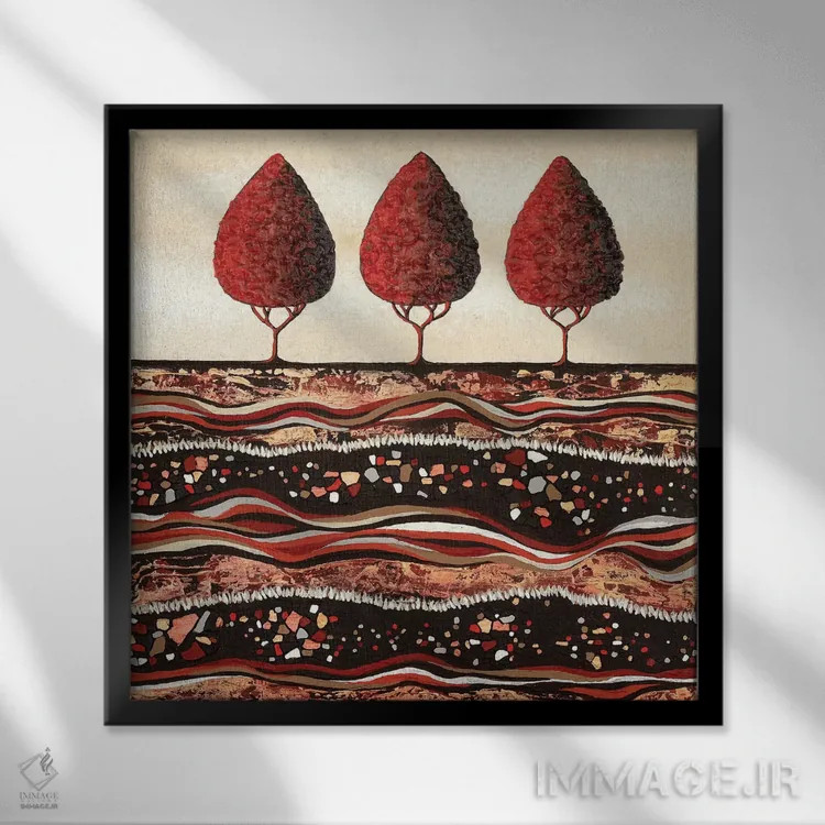 تابلو مدرن درختان قرمز اثر لیزا فرانسیس جاد - نمای قابدار مشکی