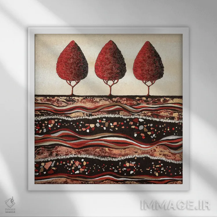 تابلو مدرن درختان قرمز اثر لیزا فرانسیس جاد - نمای قابدار سفید