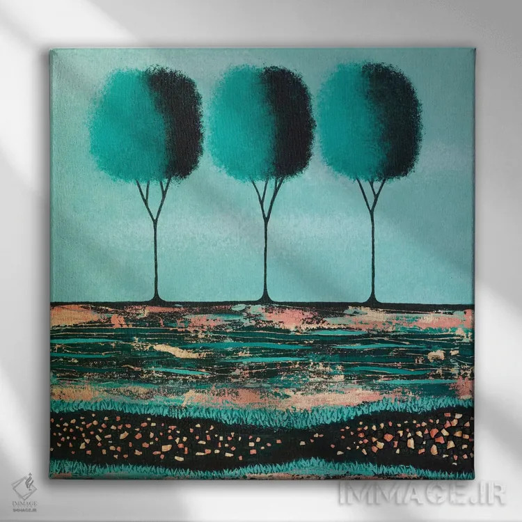 تابلو مدرن درختان سبز آبی اثر لیزا فرانسیس جاد - نمای روبهرو روی دیوار