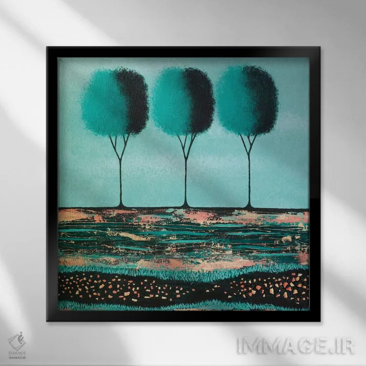 تابلو مدرن درختان سبز آبی اثر لیزا فرانسیس جاد - نمای قابدار مشکی