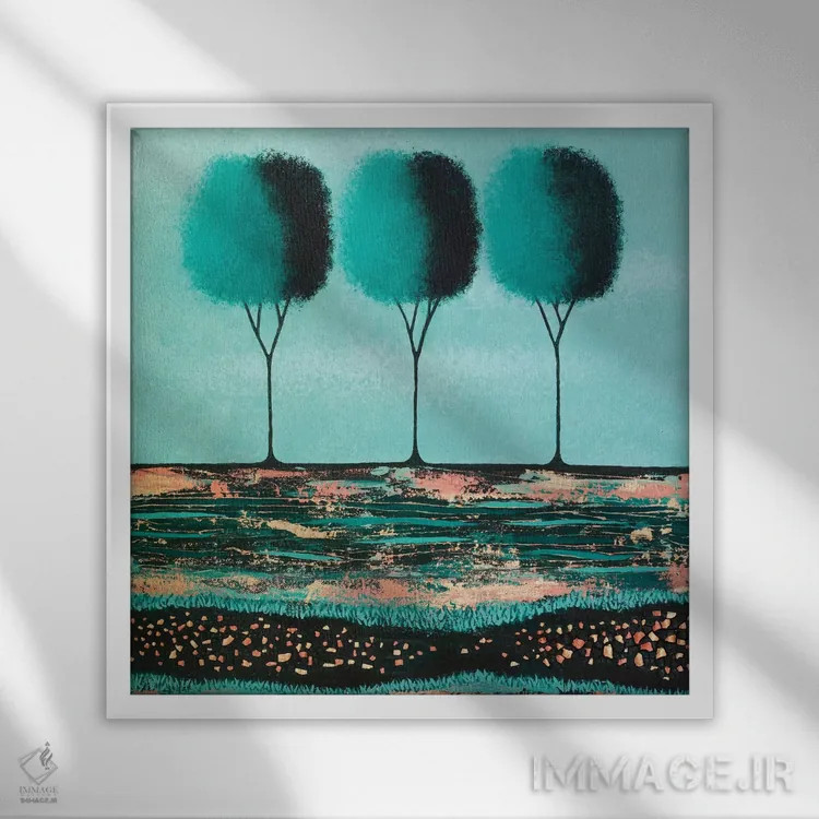 تابلو مدرن درختان سبز آبی اثر لیزا فرانسیس جاد - نمای قابدار سفید