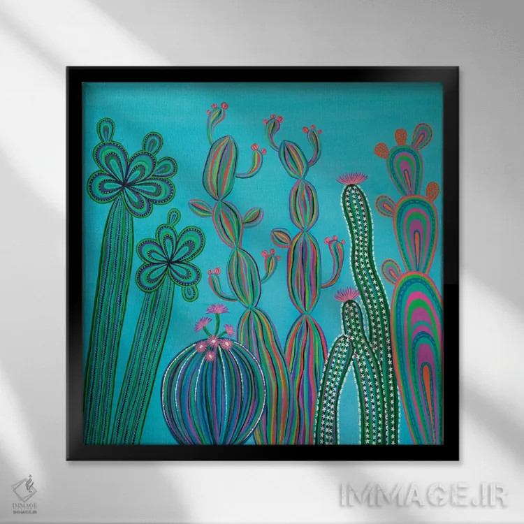 تابلو دکوراتیو مهمانی کاکتوس شماره ۳ اثر لیزا فرانسیس جاد - نمای قابدار مشکی