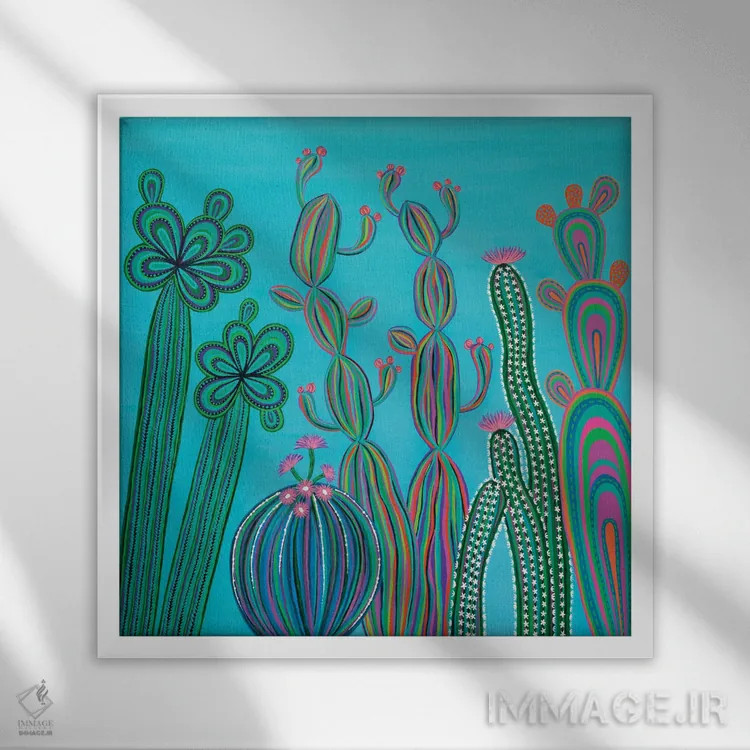 تابلو دکوراتیو مهمانی کاکتوس شماره ۳ اثر لیزا فرانسیس جاد - نمای قابدار سفید