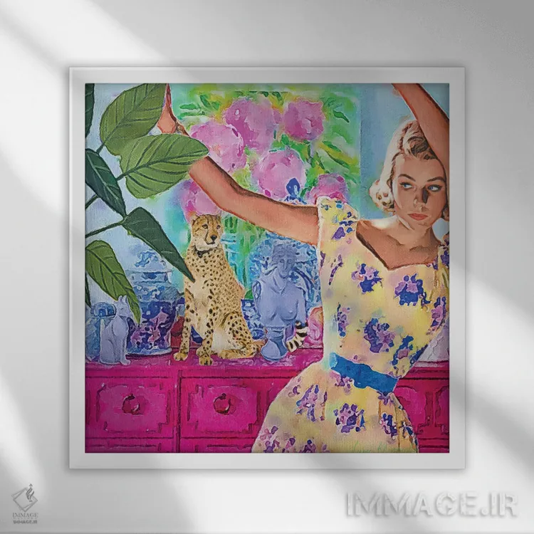 تابلو دکوراتیو پیراهن زرد با گل های اسطوخودوس اثر لوسی کلیمنکو - نمای قابدار سفید