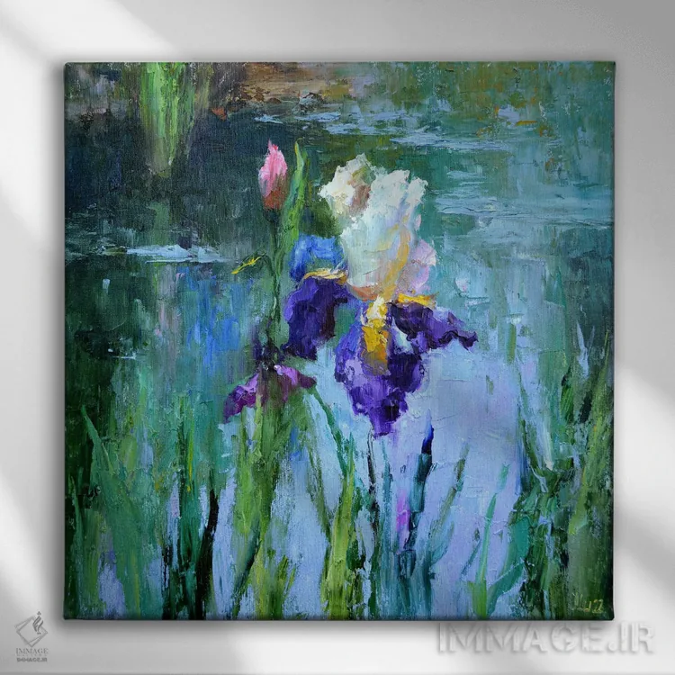تابلو دکوراتیو زنبق کنار برکه اثر النا لوکینا - نمای روبهرو روی دیوار