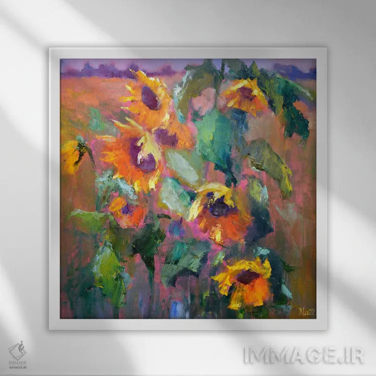 تابلو دکوراتیو بیان با گل های آفتابگردان اثر النا لوکینا - نمای قابدار سفید