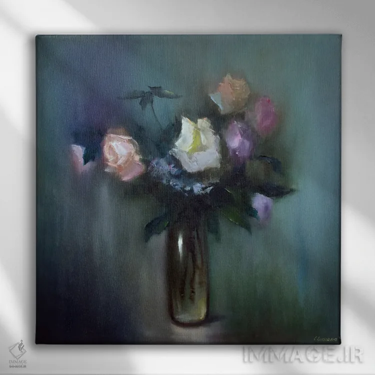 تابلو دکوراتیو طبیعت بی جان با دسته گل رز اثر النا لوکینا - نمای روبهرو روی دیوار