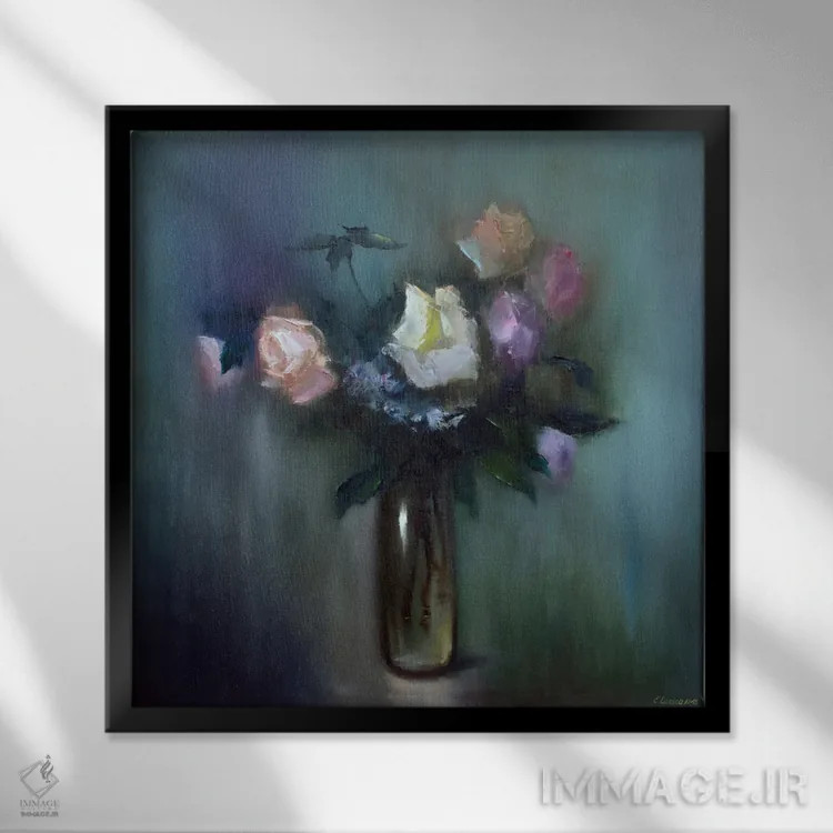 تابلو دکوراتیو طبیعت بی جان با دسته گل رز اثر النا لوکینا - نمای قابدار مشکی