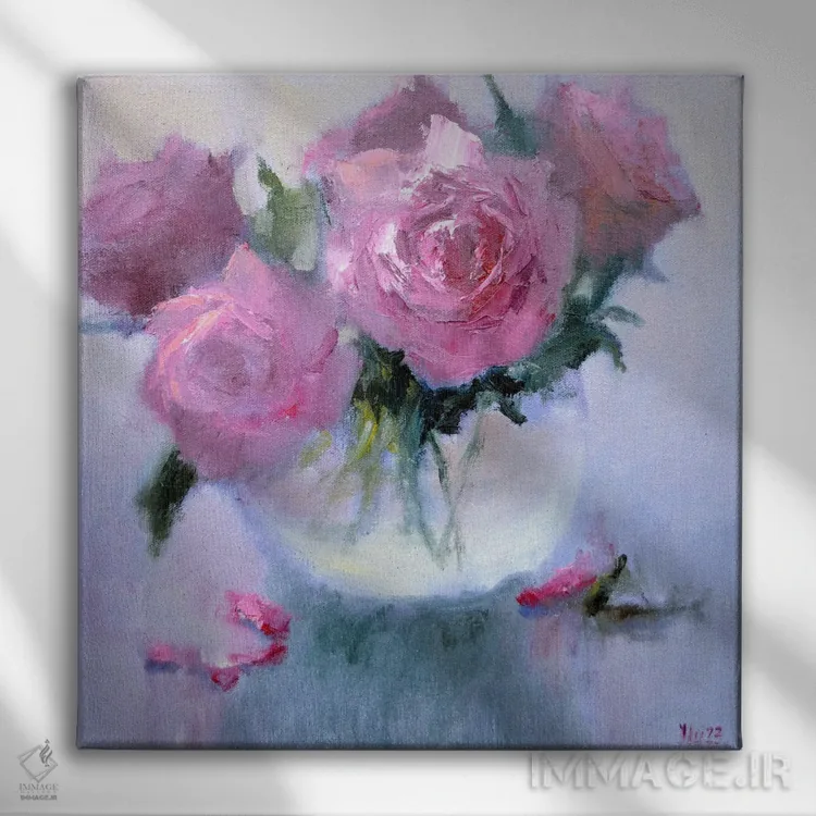 تابلو دکوراتیو دسته گل صورتی اثر النا لوکینا - نمای روبهرو روی دیوار