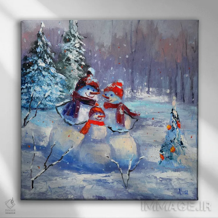 تابلو دکوراتیو خانواده آدم برفی اثر النا لوکینا - نمای روبهرو روی دیوار