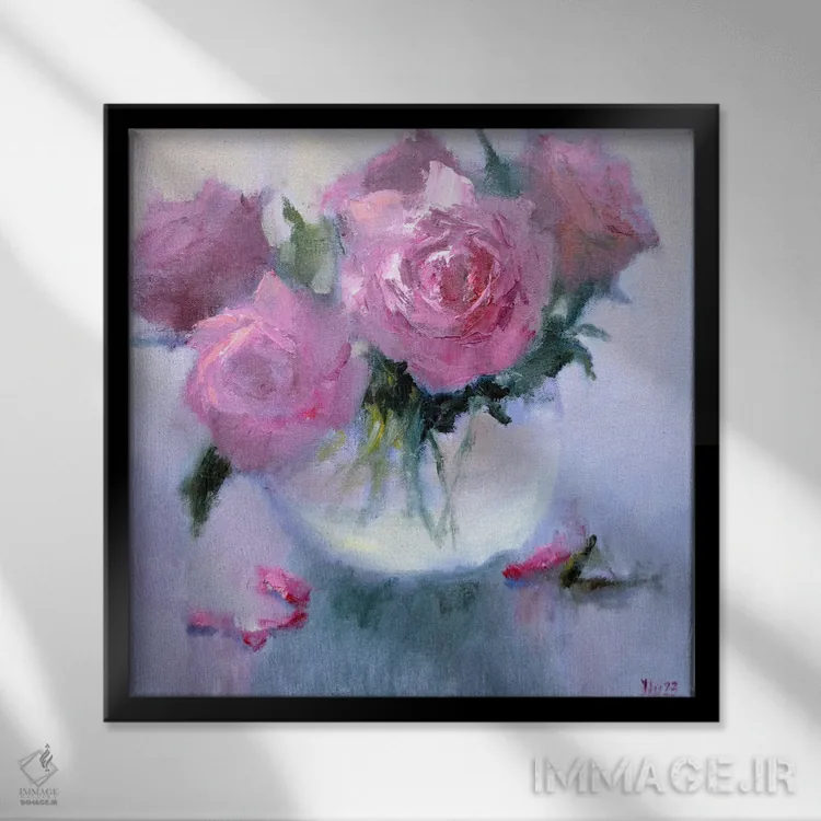 تابلو دکوراتیو دسته گل صورتی اثر النا لوکینا - نمای قابدار مشکی