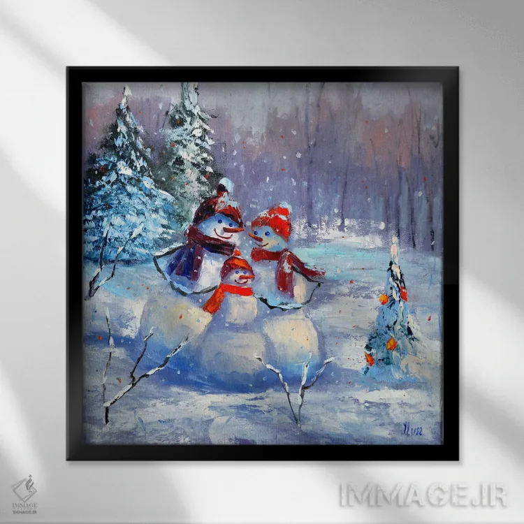 تابلو دکوراتیو خانواده آدم برفی اثر النا لوکینا - نمای قابدار مشکی