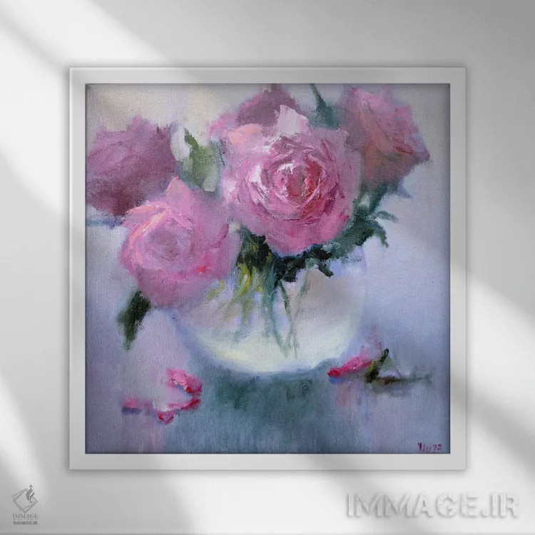 تابلو دکوراتیو دسته گل صورتی اثر النا لوکینا - نمای قابدار سفید