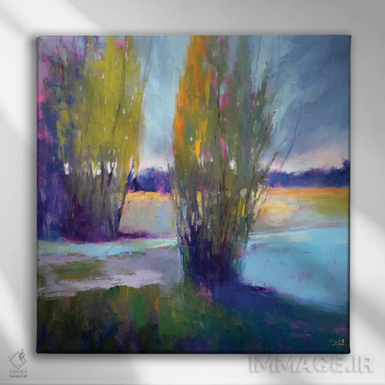 تابلو دکوراتیو رنگ های غروب کنار رودخانه اثر النا لوکینا - نمای روبهرو روی دیوار
