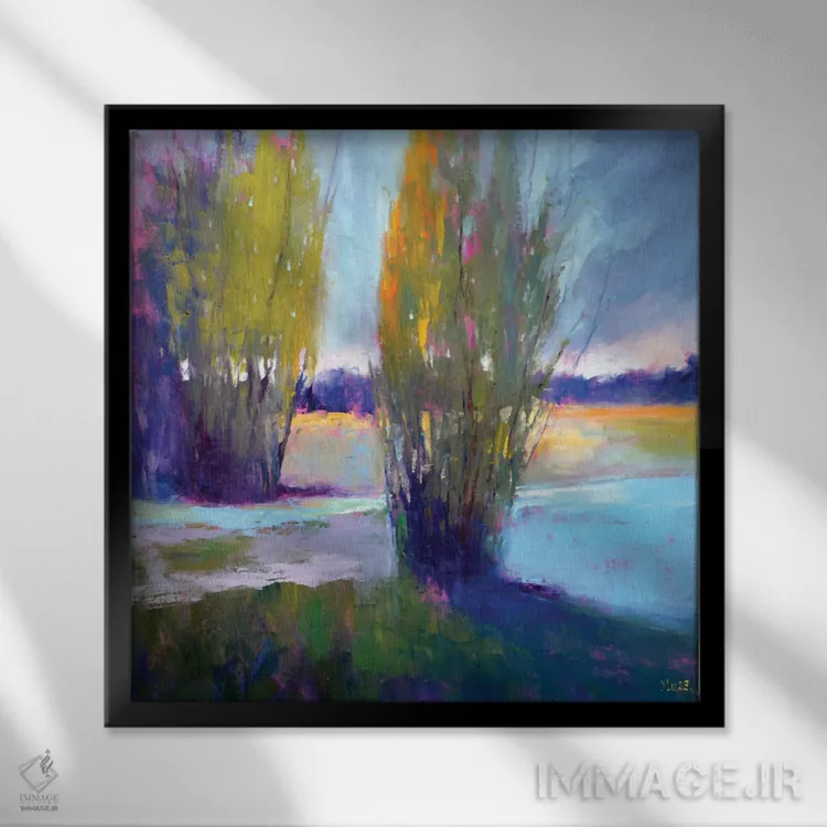 تابلو دکوراتیو رنگ های غروب کنار رودخانه اثر النا لوکینا - نمای قابدار مشکی