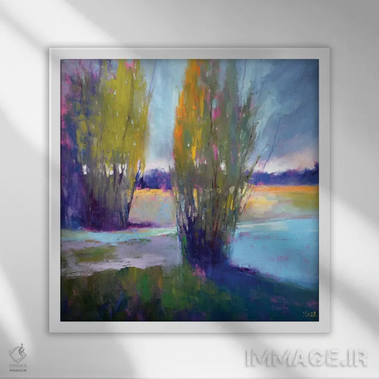 تابلو دکوراتیو رنگ های غروب کنار رودخانه اثر النا لوکینا - نمای قابدار سفید