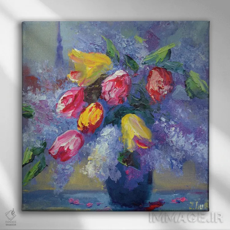 تابلو دکوراتیو گل ها روی پنجره اثر النا لوکینا - نمای روبهرو روی دیوار