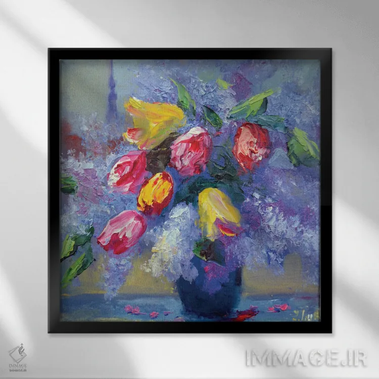 تابلو دکوراتیو گل ها روی پنجره اثر النا لوکینا - نمای قابدار مشکی