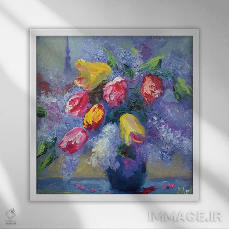 تابلو دکوراتیو گل ها روی پنجره اثر النا لوکینا - نمای قابدار سفید