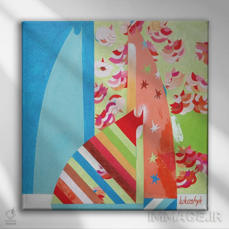 تابلو انتزاعی کنار درخت ساکورا اثر نلی لوکاشیک - نمای روبهرو روی دیوار