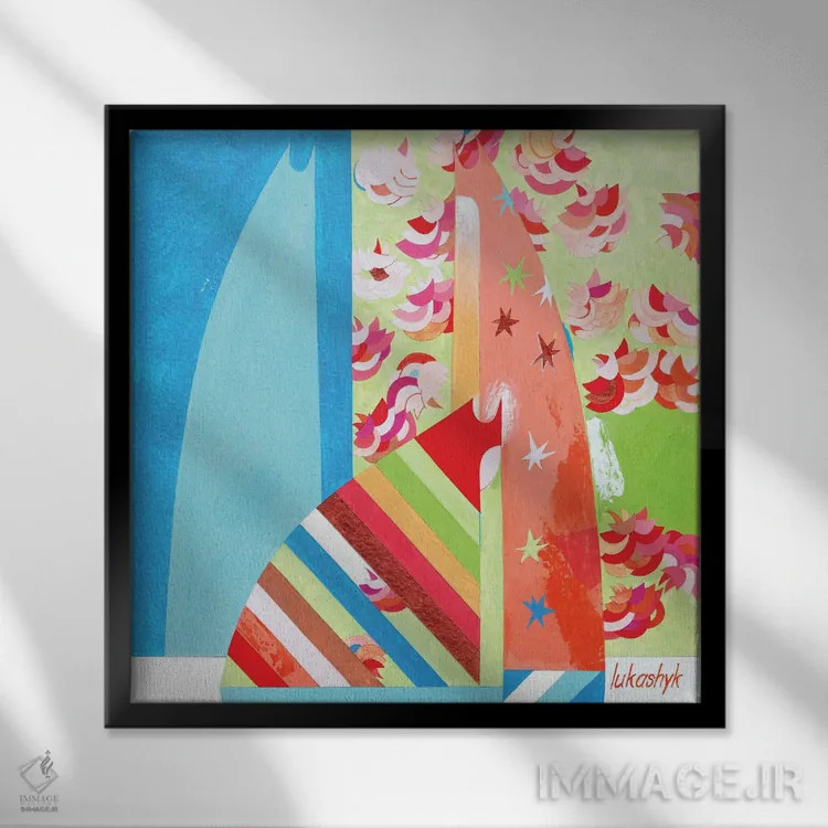تابلو انتزاعی کنار درخت ساکورا اثر نلی لوکاشیک - نمای قابدار مشکی