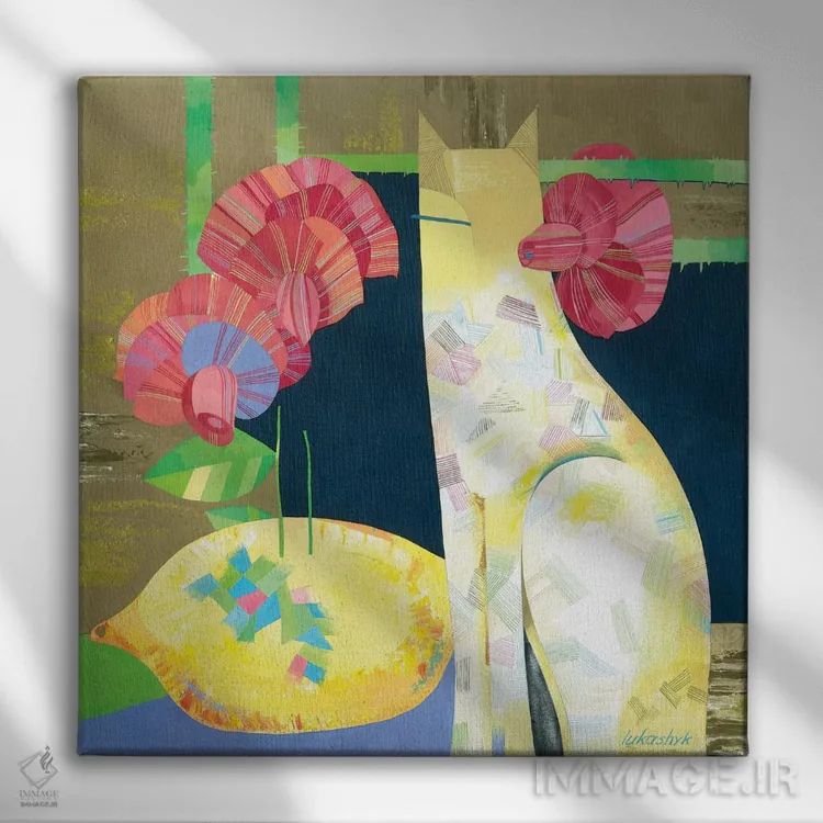 تابلو انتزاعی گربه مرکباتی اثر نلی لوکاشیک - نمای روبهرو روی دیوار