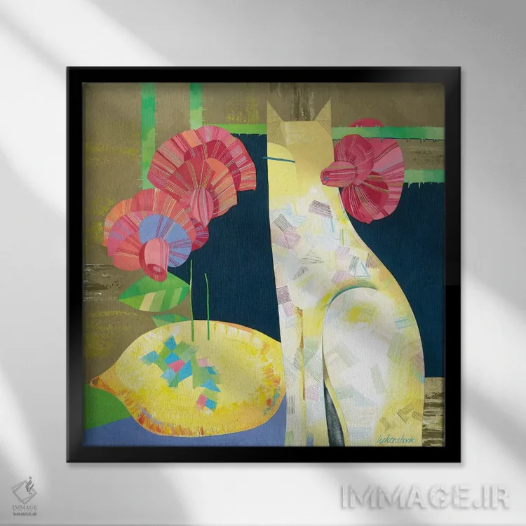 تابلو انتزاعی گربه مرکباتی اثر نلی لوکاشیک - نمای قابدار مشکی