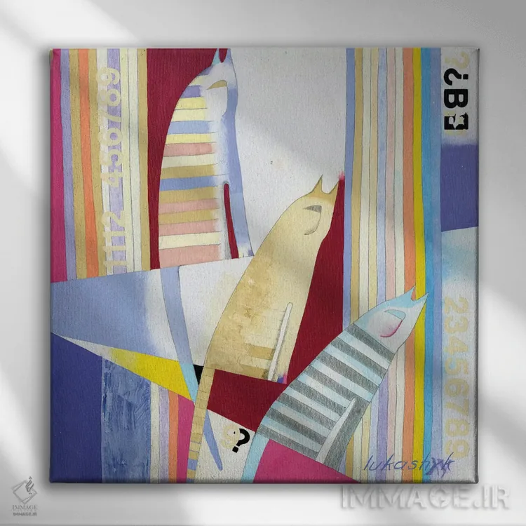 تابلو انتزاعی گربه های آوازخوان اثر نلی لوکاشیک - نمای روبهرو روی دیوار