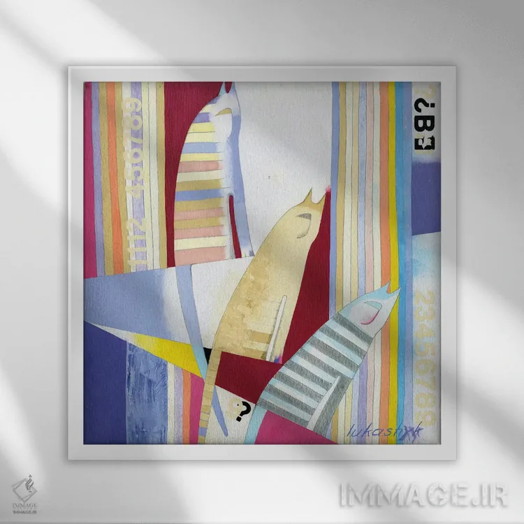 تابلو انتزاعی گربه های آوازخوان اثر نلی لوکاشیک - نمای قابدار سفید