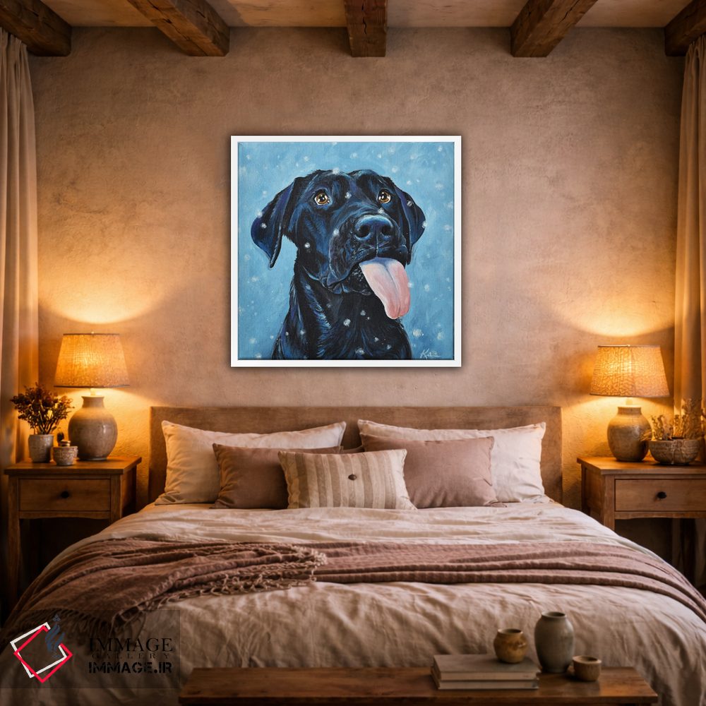 تابلو دکوراتیو لابرادور سیاه در حال گرفتن دانه های برف اثر لینزی کیوی - D2W