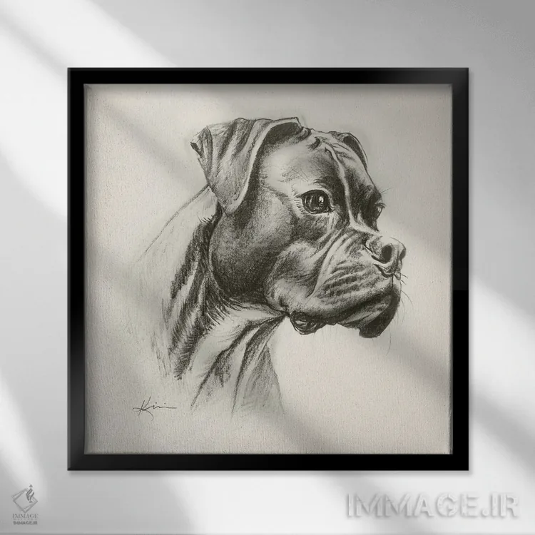 تابلو دکوراتیو طرح اسکچ سگ باکسر اثر لینزی کیوی - نمای قابدار مشکی