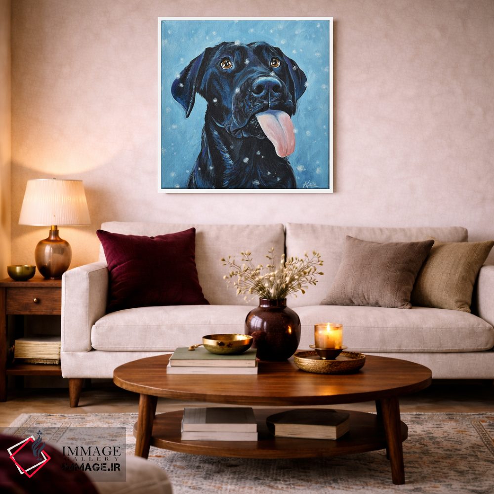 تابلو دکوراتیو لابرادور سیاه در حال گرفتن دانه های برف اثر لینزی کیوی - D1W