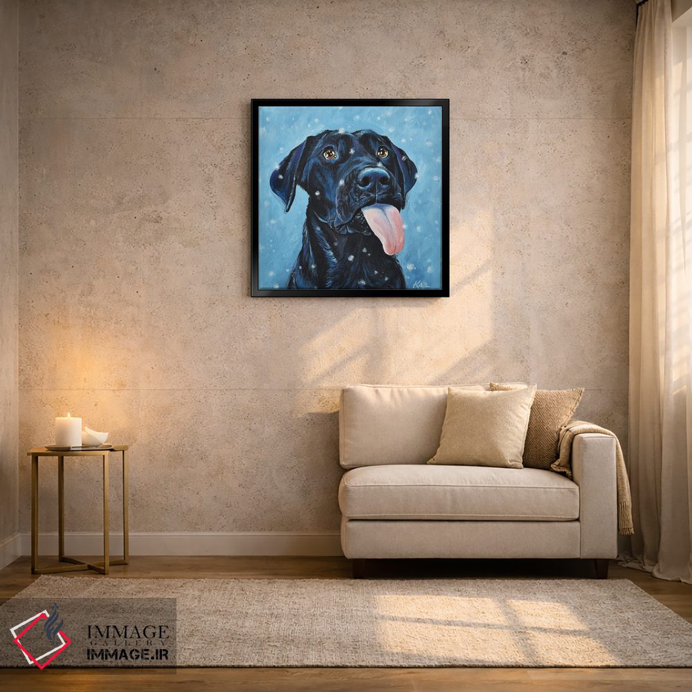 تابلو دکوراتیو لابرادور سیاه در حال گرفتن دانه های برف اثر لینزی کیوی - D3B