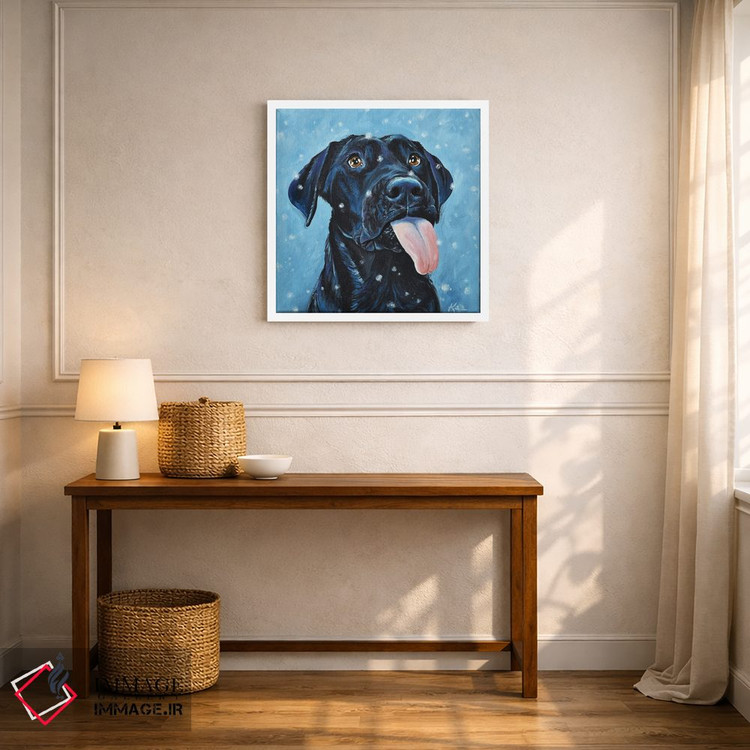 تابلو دکوراتیو لابرادور سیاه در حال گرفتن دانه های برف اثر لینزی کیوی - D4W