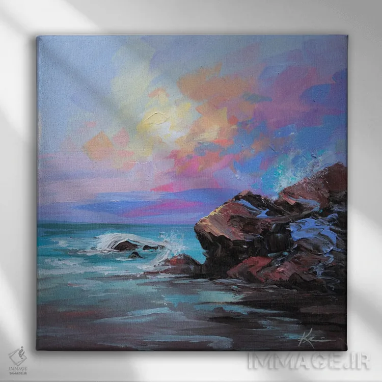 تابلو انتزاعی ساحل آب نباتی اثر لینزی کیوی - نمای روبهرو روی دیوار