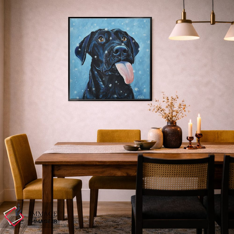 تابلو دکوراتیو لابرادور سیاه در حال گرفتن دانه های برف اثر لینزی کیوی - D5B