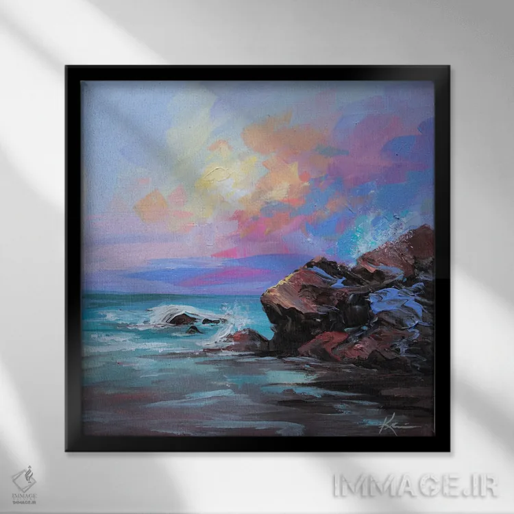 تابلو انتزاعی ساحل آب نباتی اثر لینزی کیوی - نمای قابدار مشکی