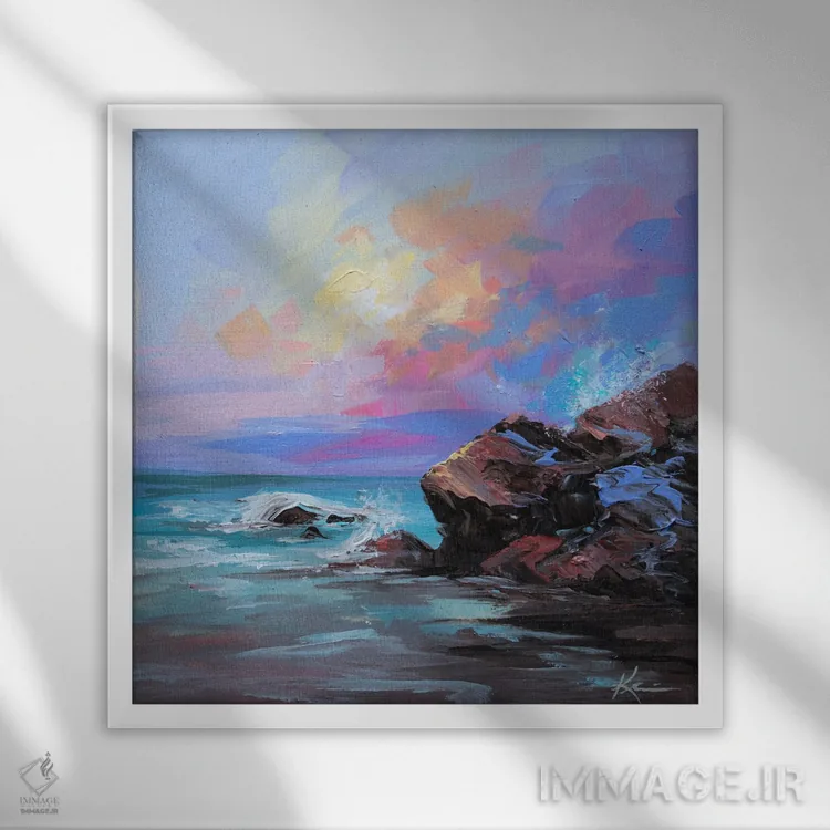 تابلو انتزاعی ساحل آب نباتی اثر لینزی کیوی - نمای قابدار سفید