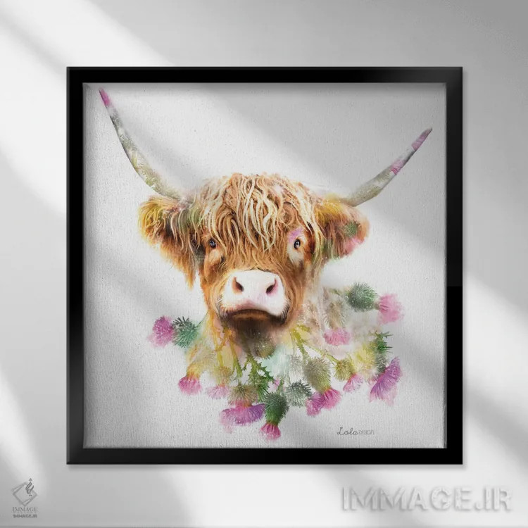 تابلو دکوراتیو گاو کوهستانی گیاهی حیات وحش اثر لولا دیزاین - نمای قابدار مشکی
