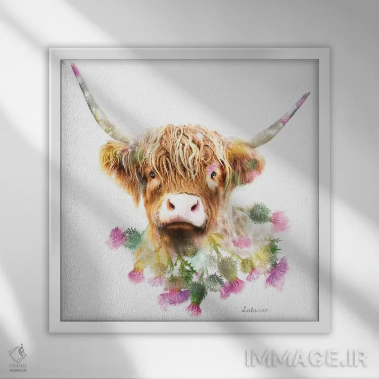 تابلو دکوراتیو گاو کوهستانی گیاهی حیات وحش اثر لولا دیزاین - نمای قابدار سفید