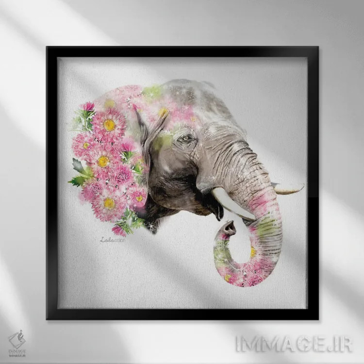 تابلو دکوراتیو فیل گیاهی حیات وحش اثر لولا دیزاین - نمای قابدار مشکی