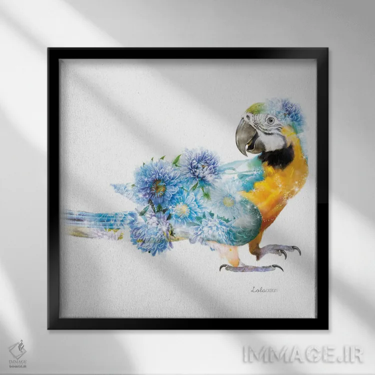 تابلو دکوراتیو طوطی گیاهی حیات وحش اثر لولا دیزاین - نمای قابدار مشکی